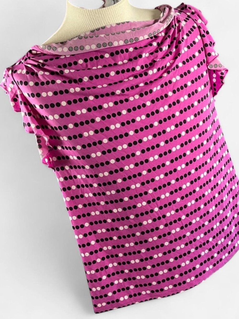 Womens Worthington Pink Black Polka Dots Geometric Cap Sleeve Blouse (Large)